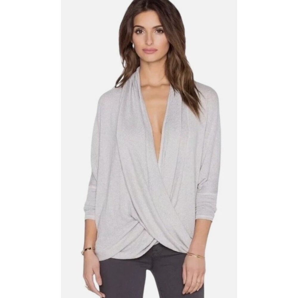 We The Free Blouse Top Medium Sheila Hacci Gray Long Sleeve Drapey Knit Boho